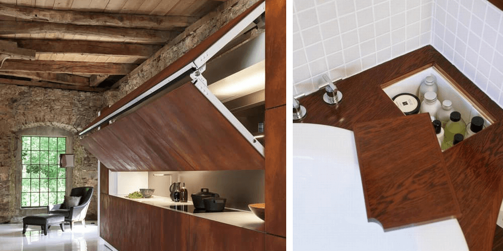 A fold-up wall completely hides the service area in the kitchen.